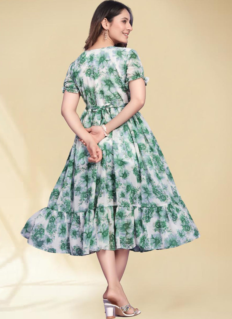 Green Flower Print Georgette Puff Sleeve Midi Dress