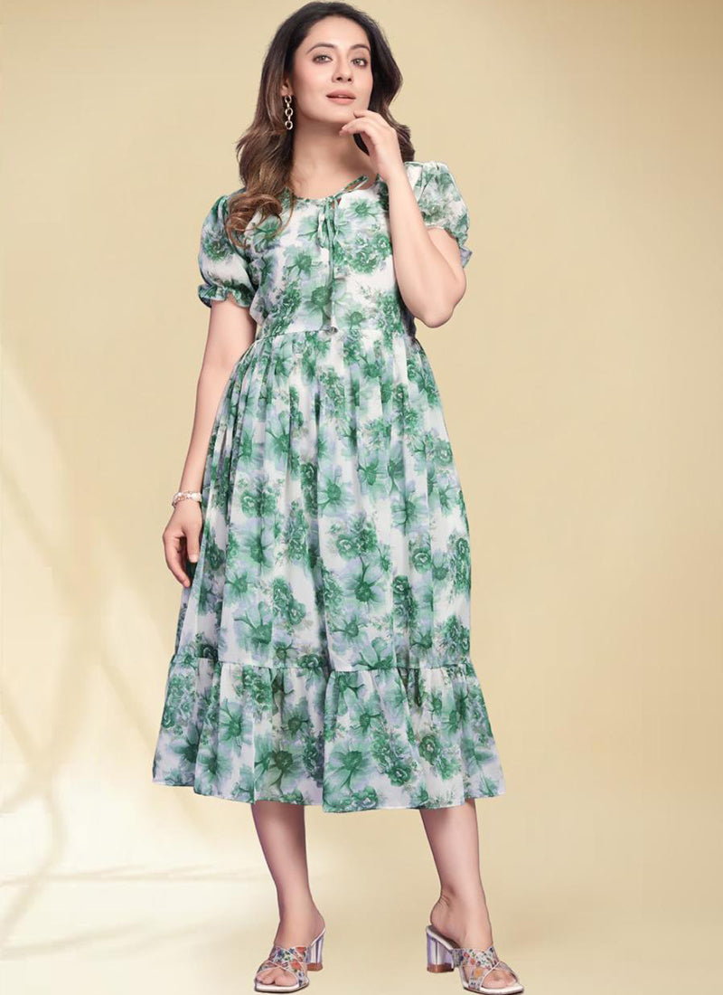 Green Flower Print Georgette Puff Sleeve Midi Dress