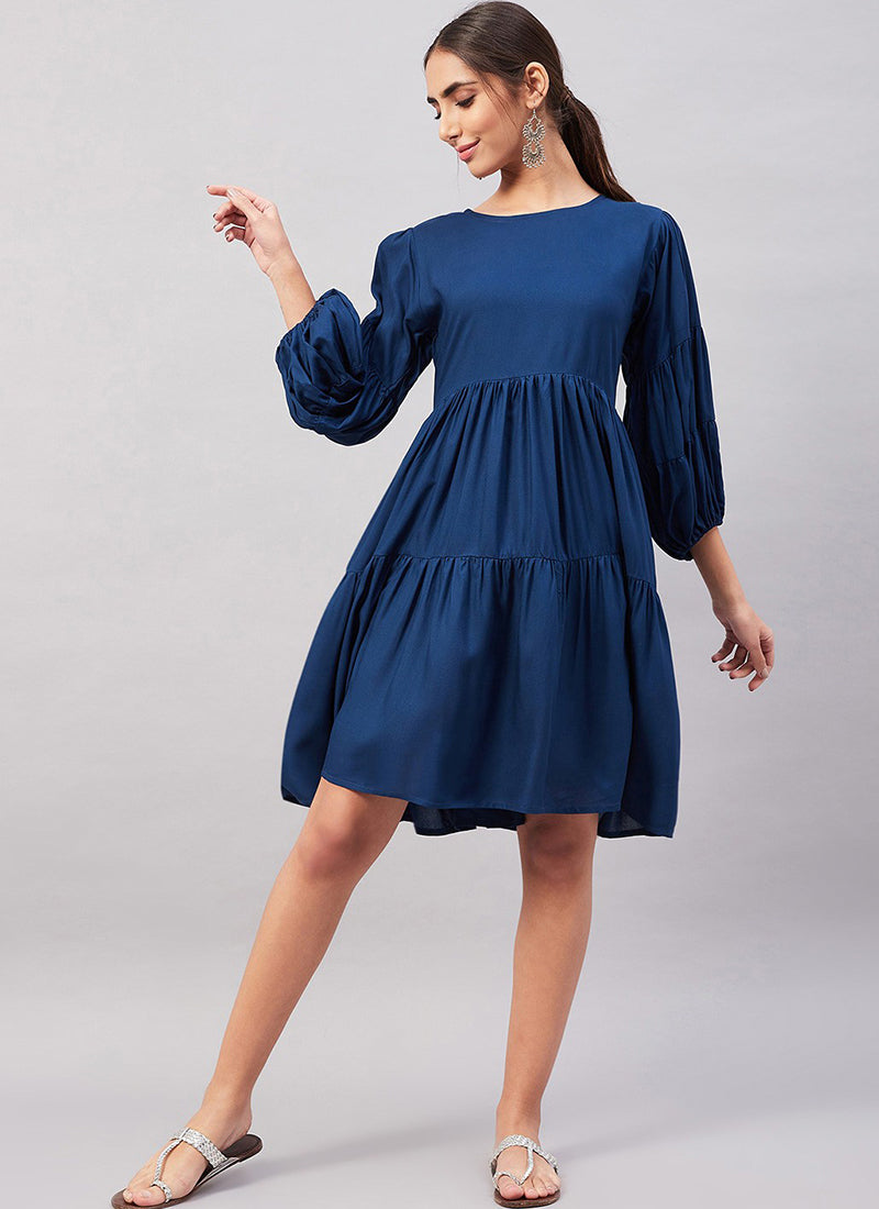 Blue Rayon Solid Midi Dress