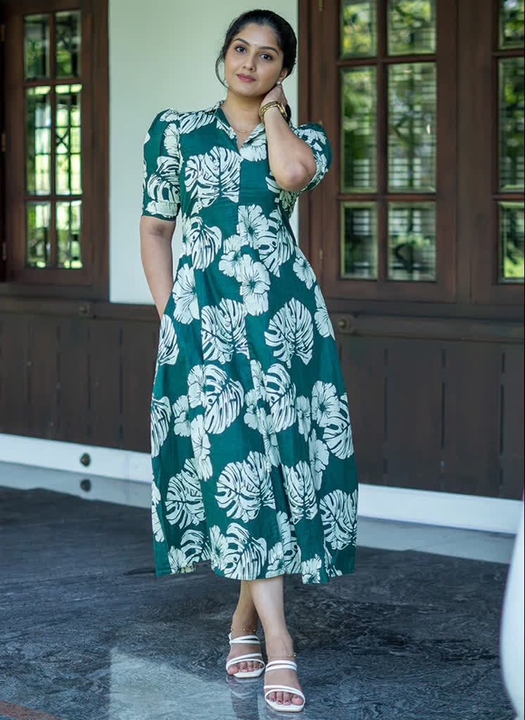 Leaf Printed Rayon Midi Dress
