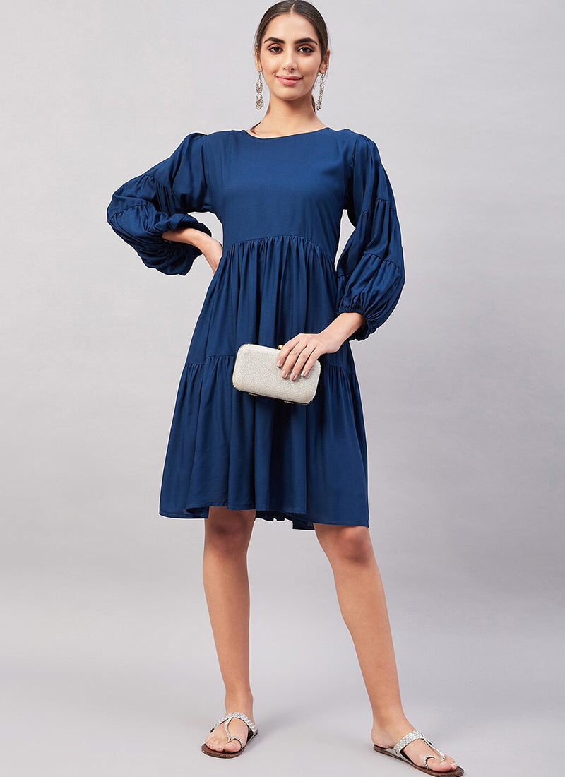 Blue Rayon Solid Midi Dress