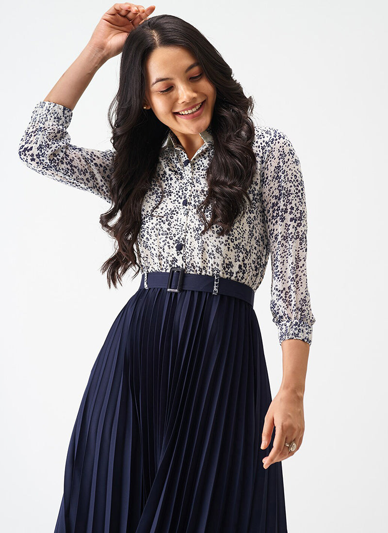 Navyblue Crepe Floral Printed Midi Dress