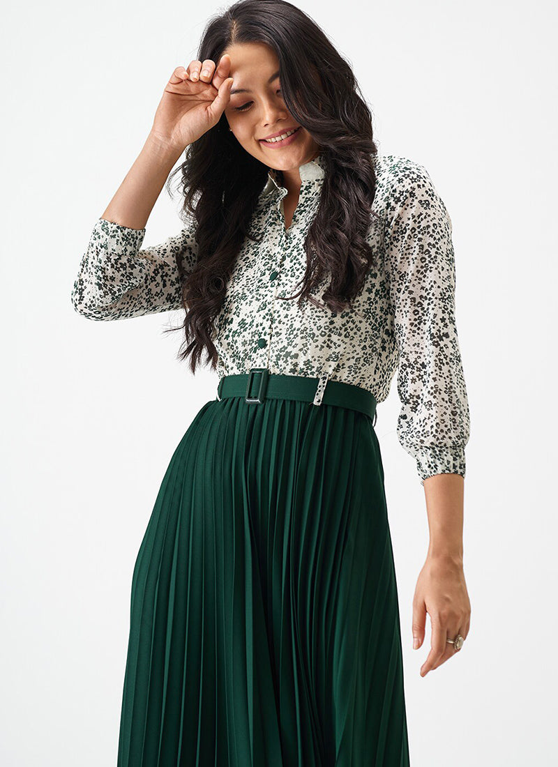 Green Crepe Floral Printed Midi Dress