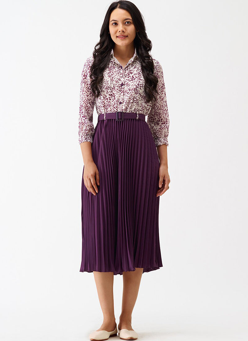 Purple Crepe Floral Printed Midi Dress