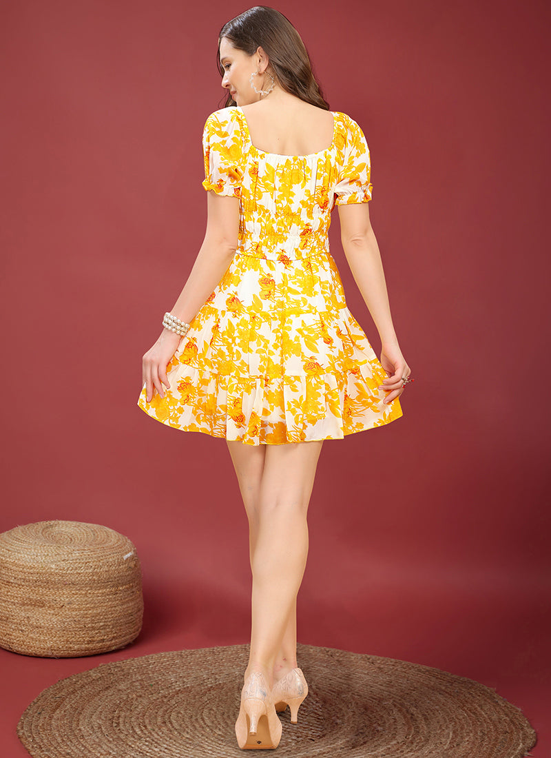 Yellow Floral Printed Mini Dress