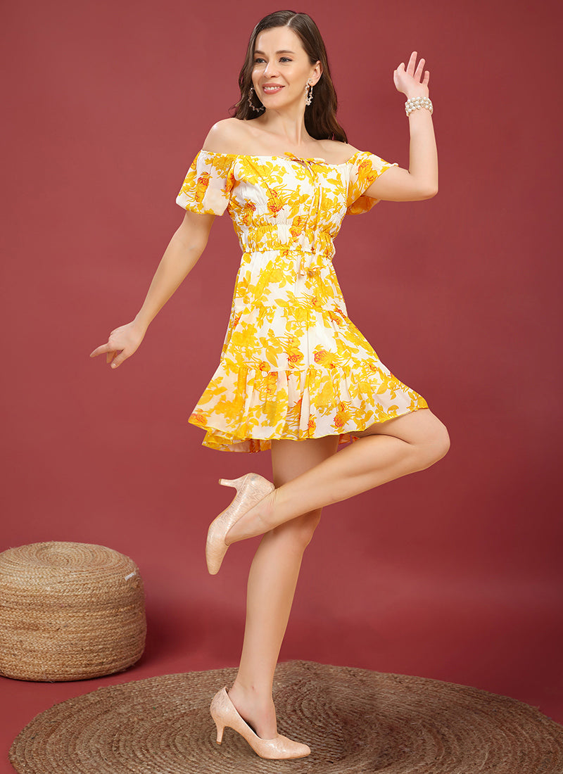 Yellow Floral Printed Mini Dress