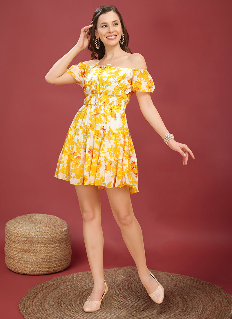 Yellow Floral Printed Mini Dress