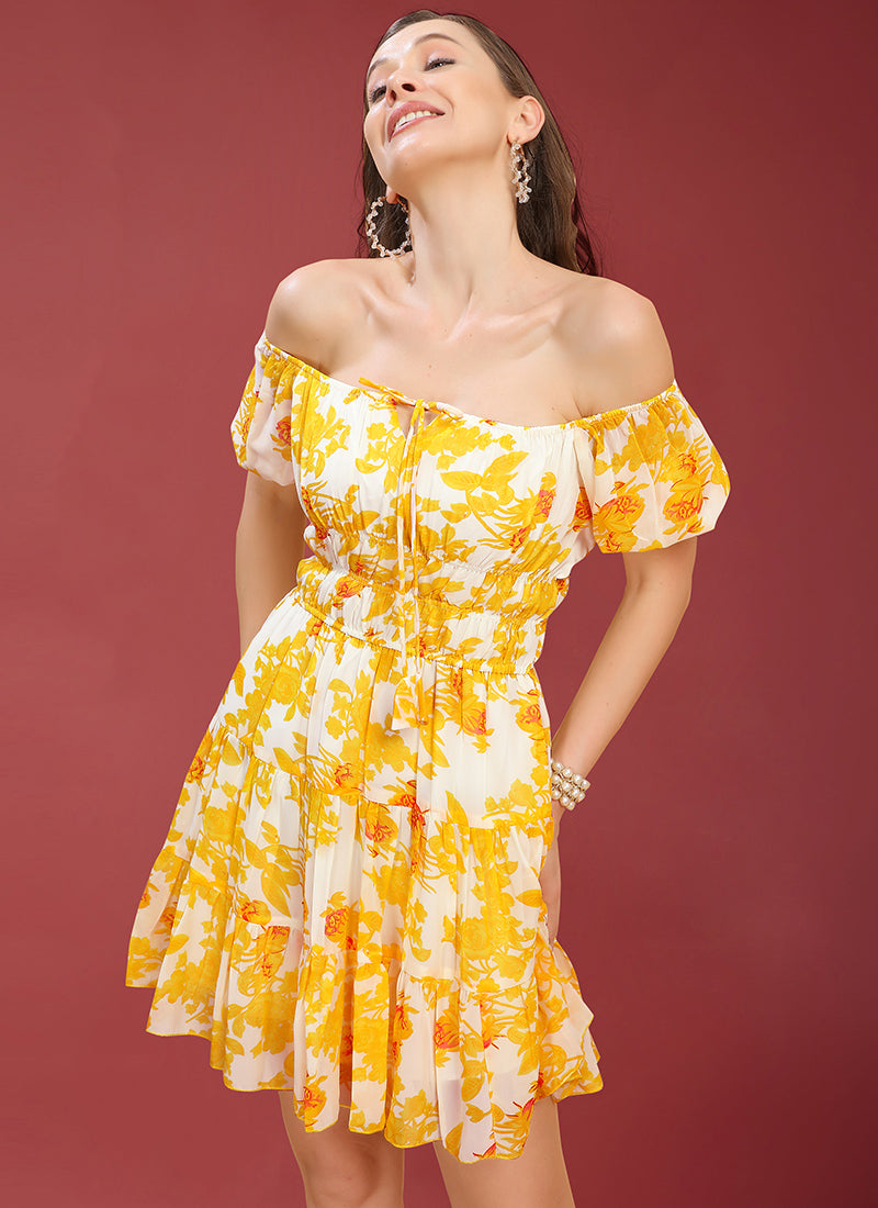 Yellow Floral Printed Mini Dress