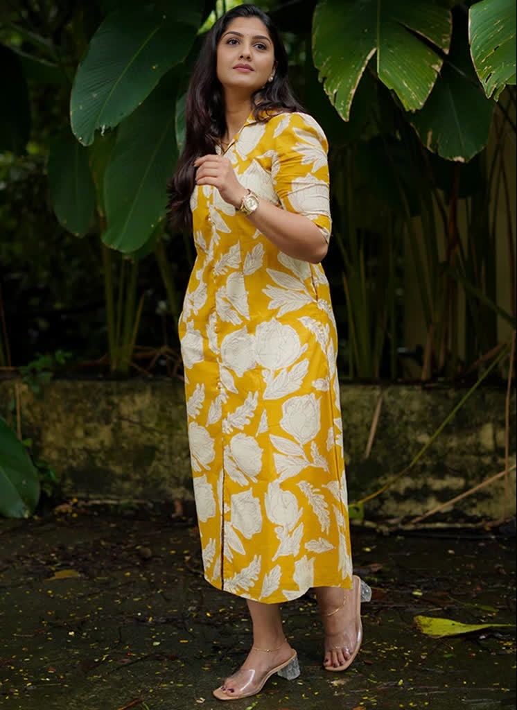 Yellow floral printed midi dress