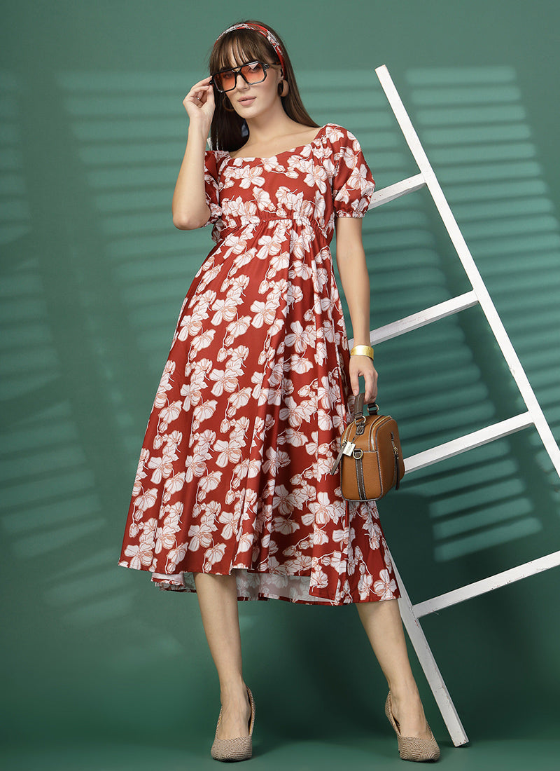 Red Floral Printed Flared Crepe Dresses