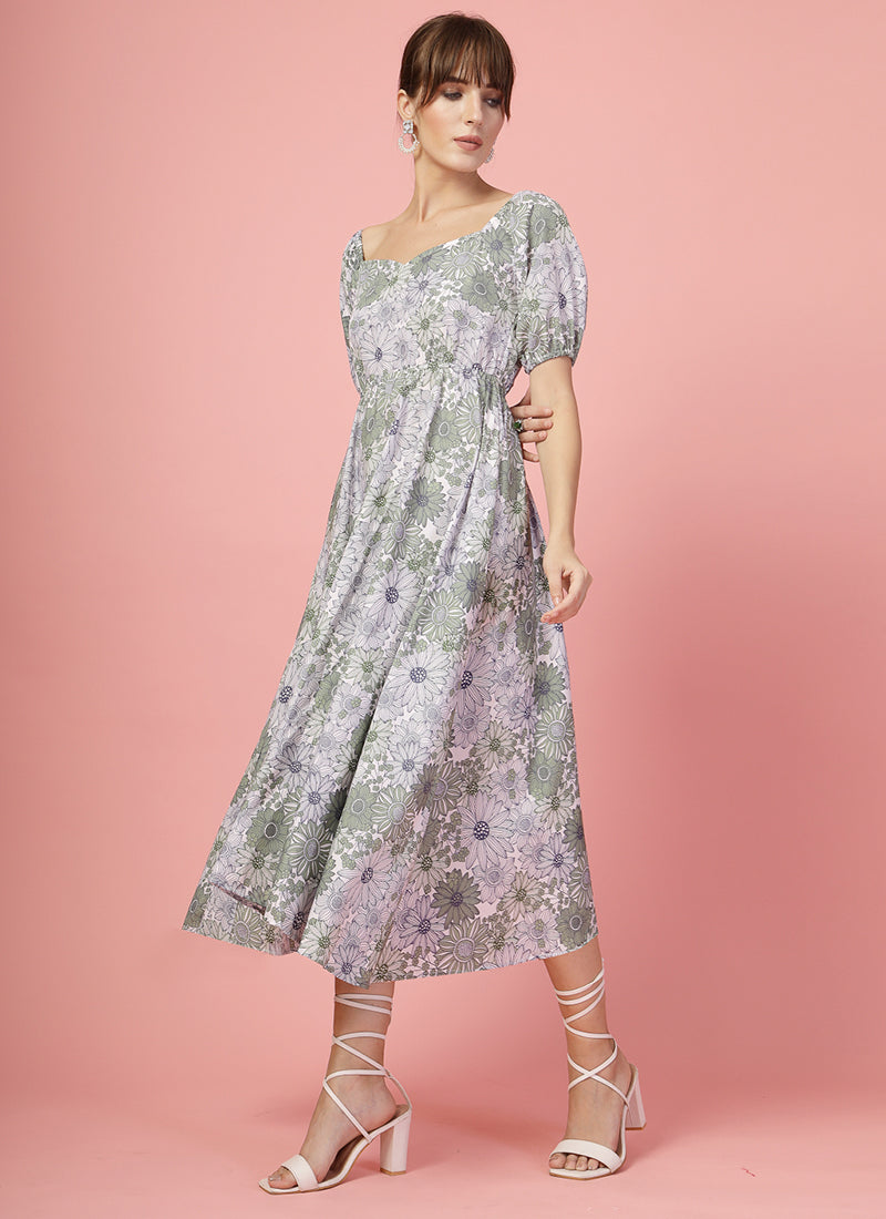 Floral Printed Grey And Green Calf Length Dress