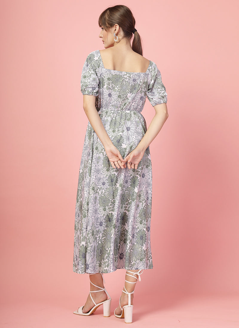 Floral Printed Grey And Green Calf Length Dress