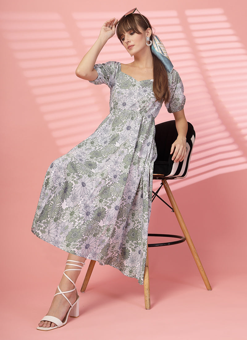 Floral Printed Grey And Green Calf Length Dress