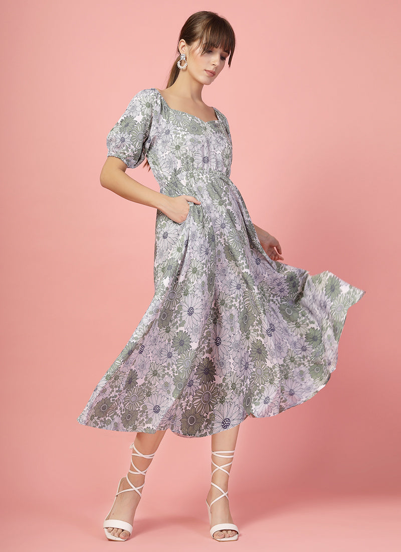 Floral Printed Grey And Green Calf Length Dress