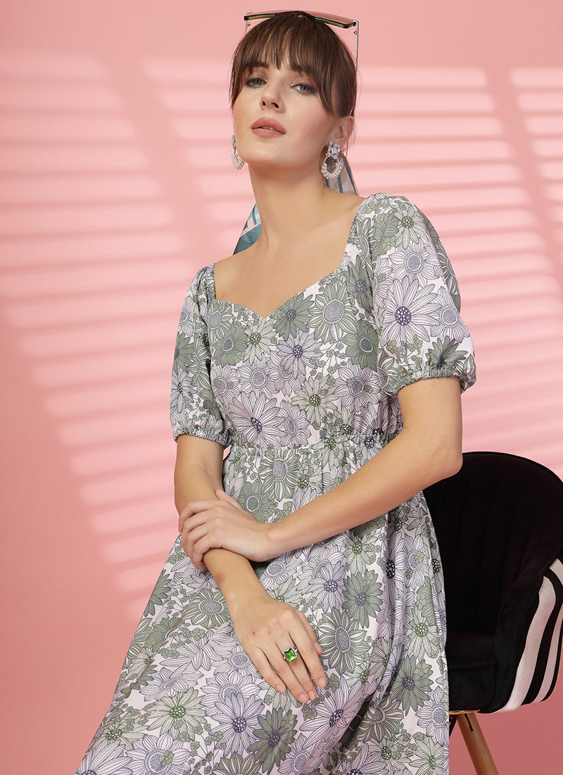 Floral Printed Grey And Green Calf Length Dress