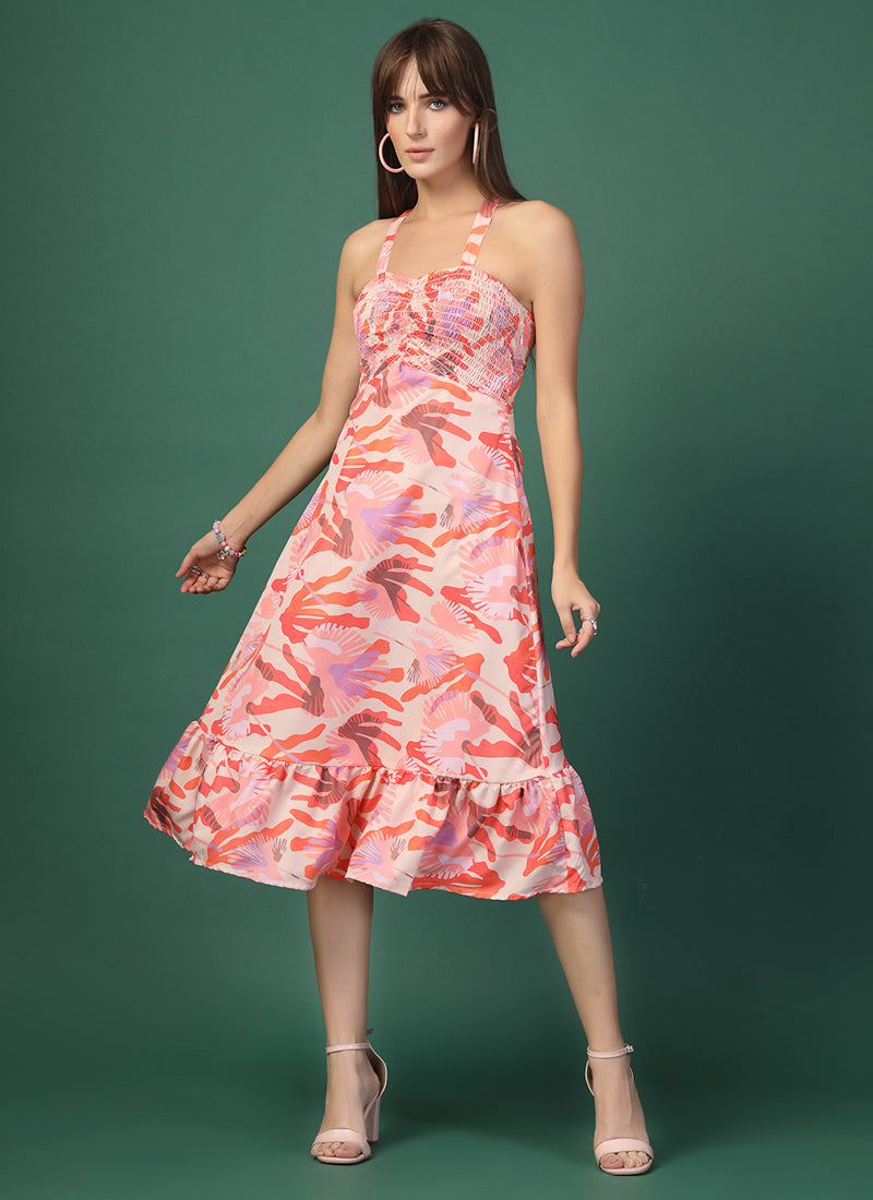 Multicolor Floral Print Crepe A-Line Midi Dress