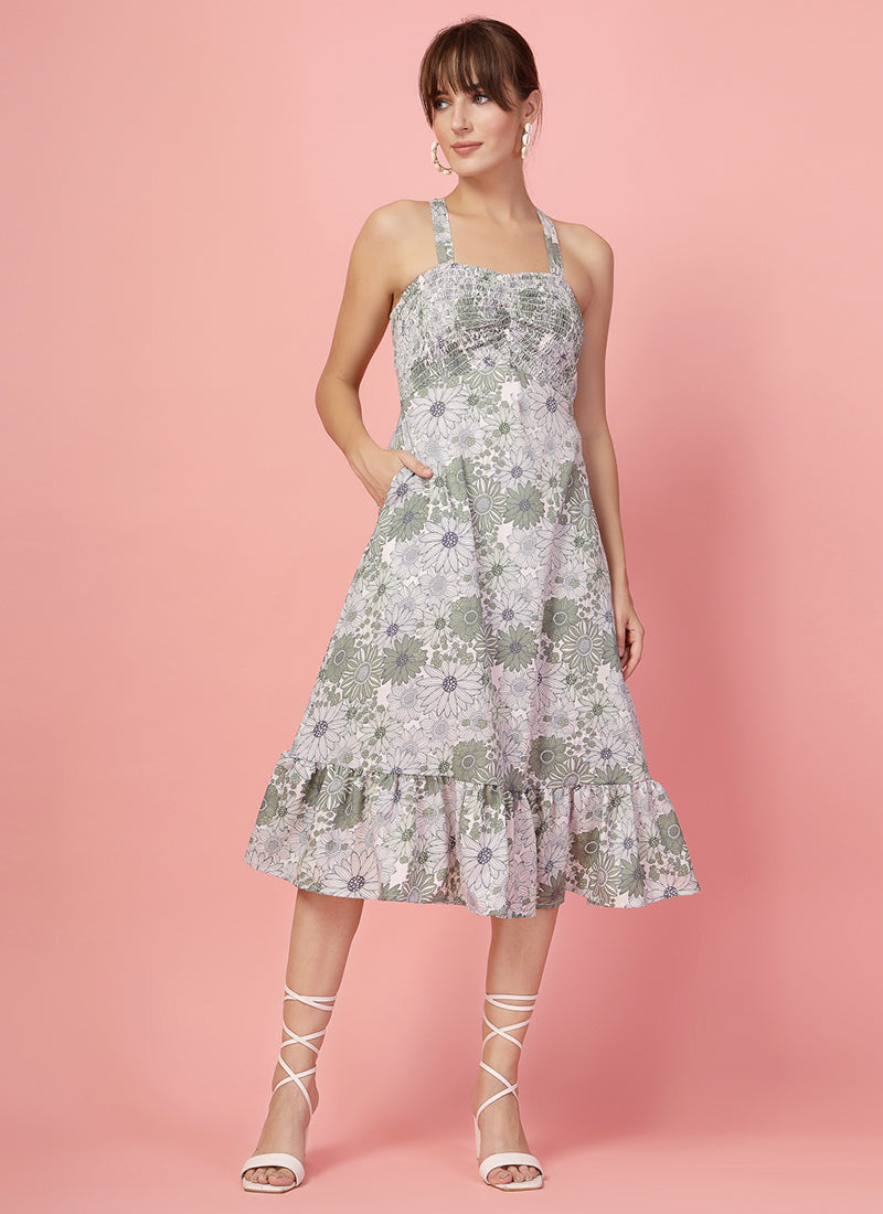 Grey And Green Floral Printed Midi Dress