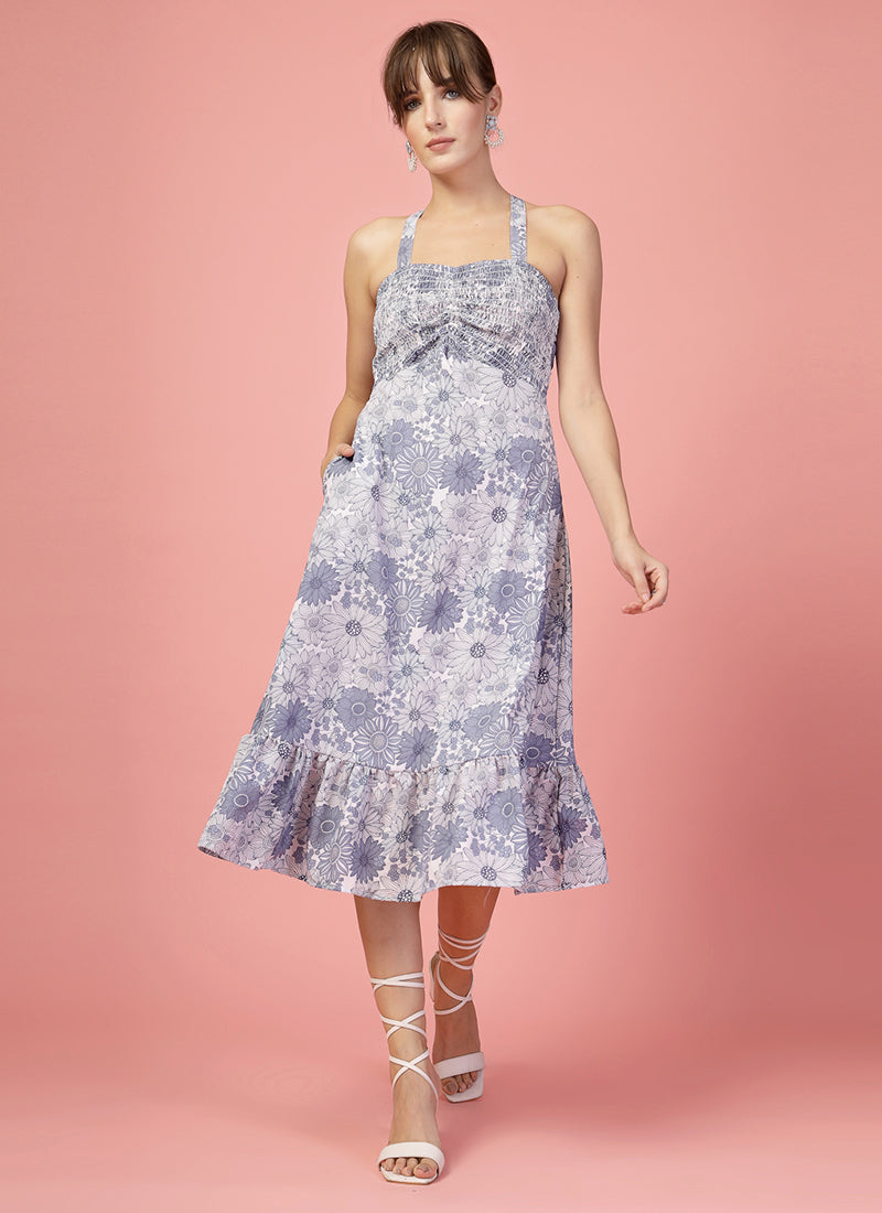 Grey And Blue Calf Length Midi Dress