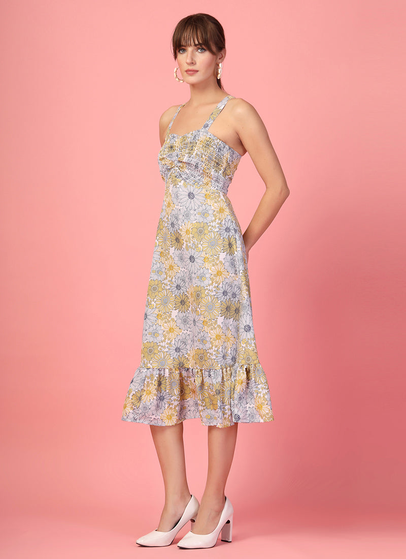 Multicolor Floral Print Calf Length Dress