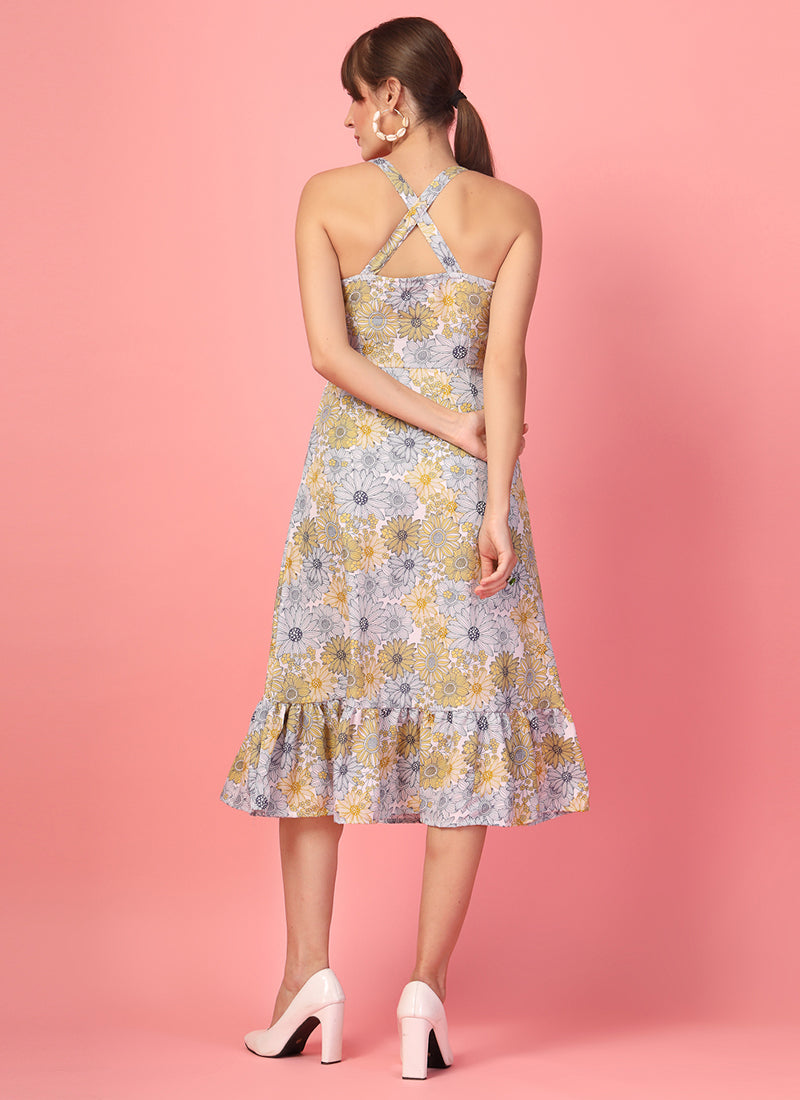 Multicolor Floral Print Calf Length Dress
