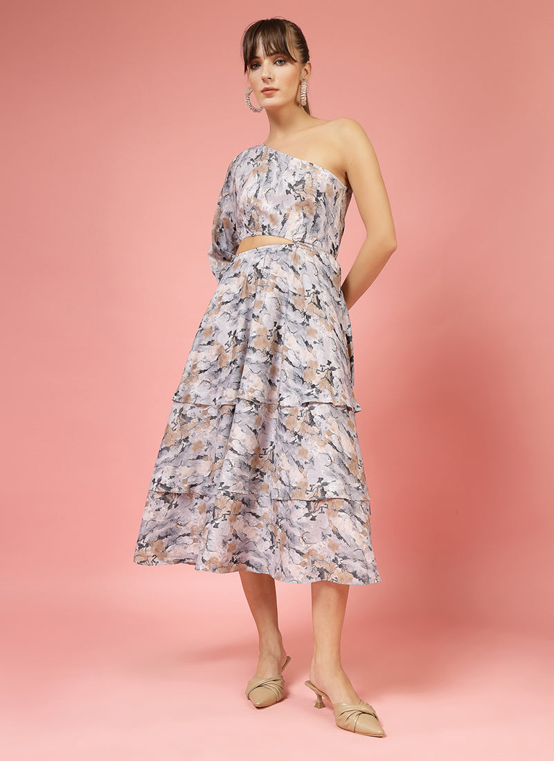 Multicolor Calf Length One Shoulder Midi Dress