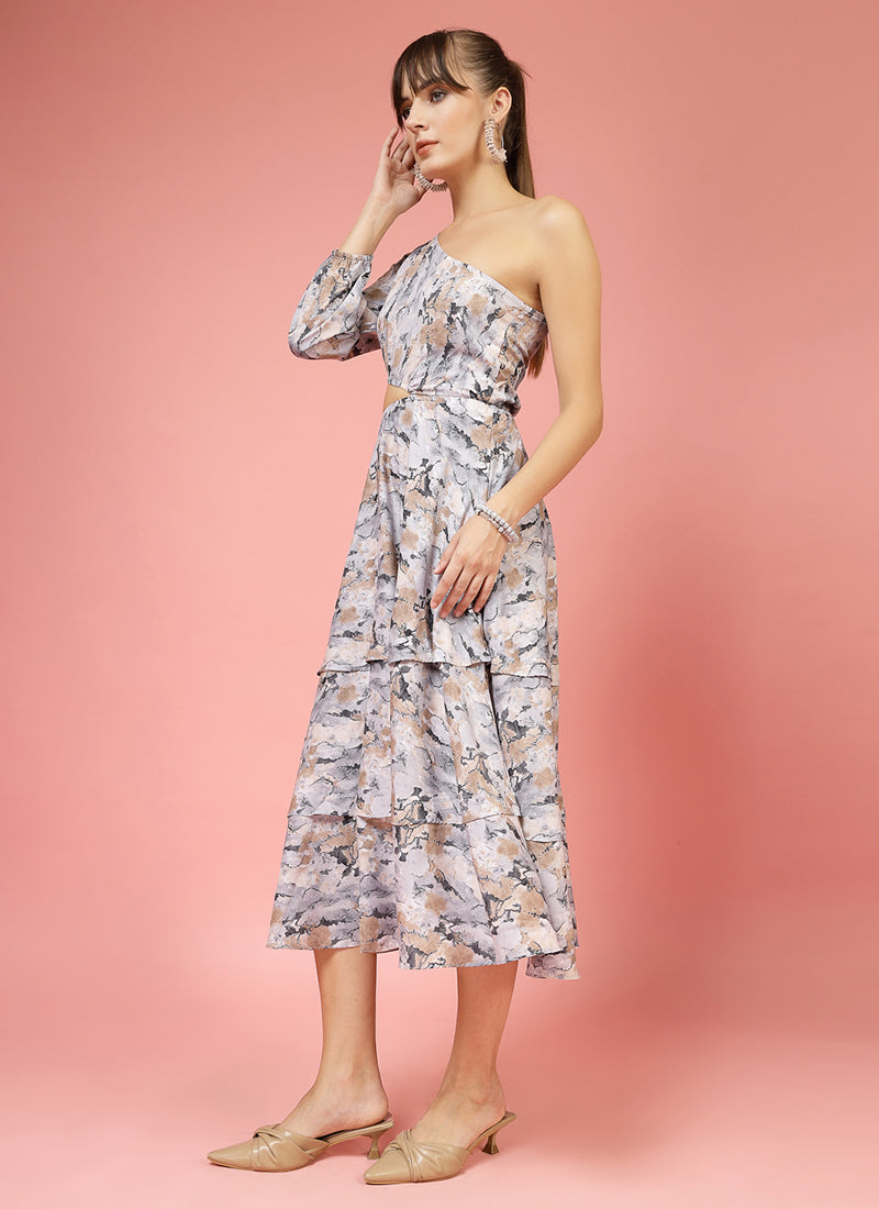Multicolor Calf Length One Shoulder Midi Dress