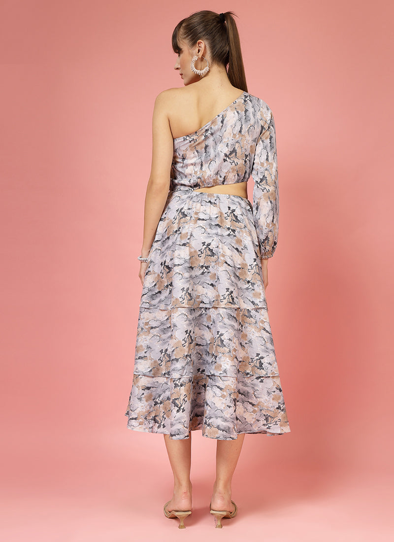 Multicolor Calf Length One Shoulder Midi Dress