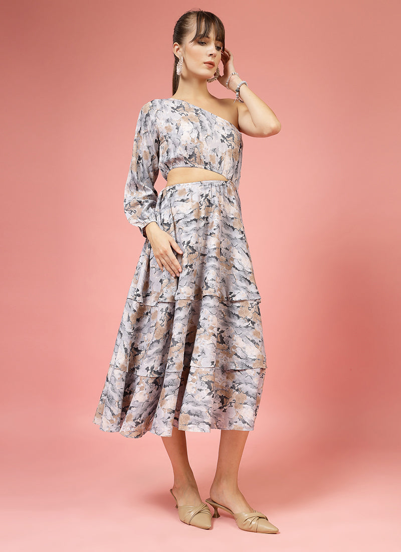 Multicolor Calf Length One Shoulder Midi Dress