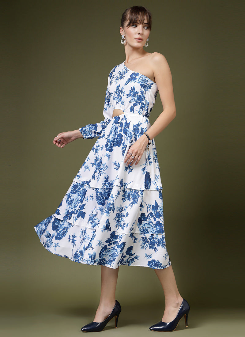 White Calf Length One Shoulder Midi Dress