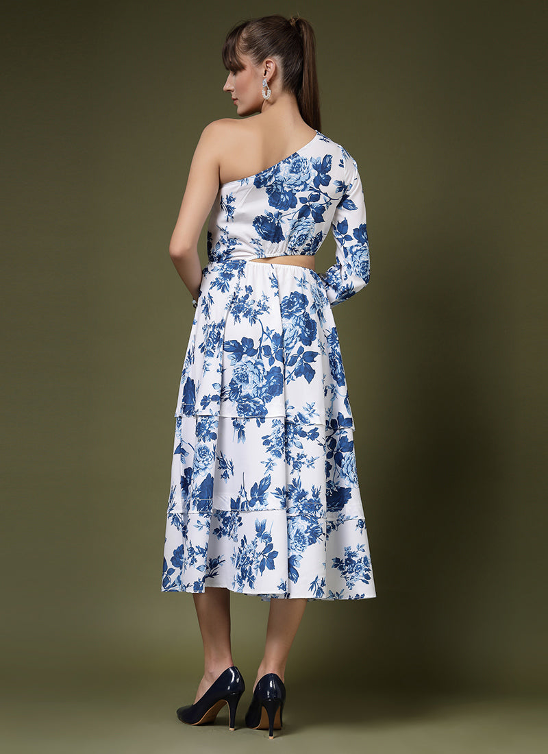 White Calf Length One Shoulder Midi Dress