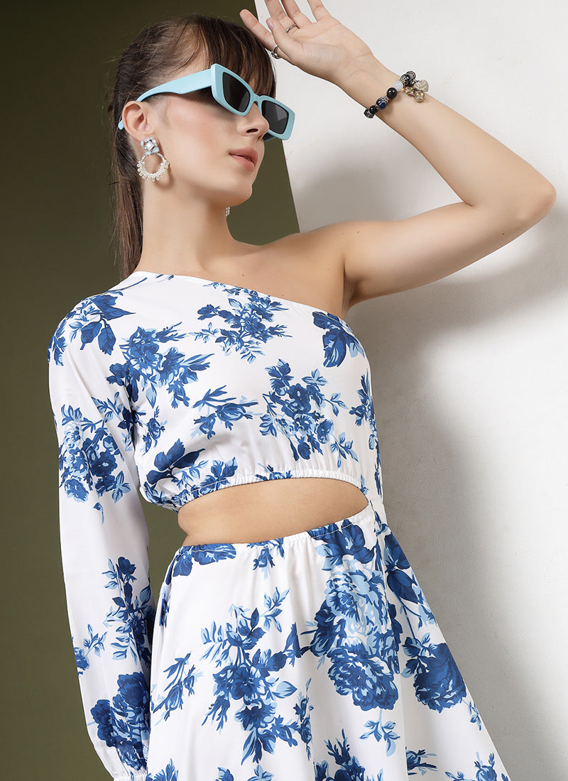 White Calf Length One Shoulder Midi Dress