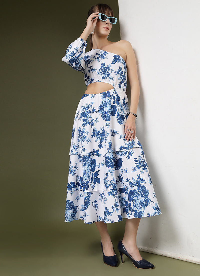 White Calf Length One Shoulder Midi Dress