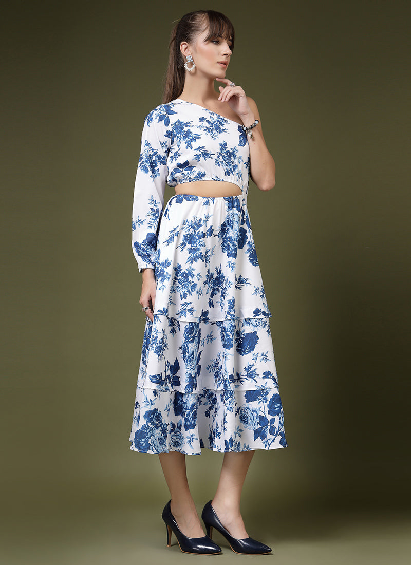 White Calf Length One Shoulder Midi Dress