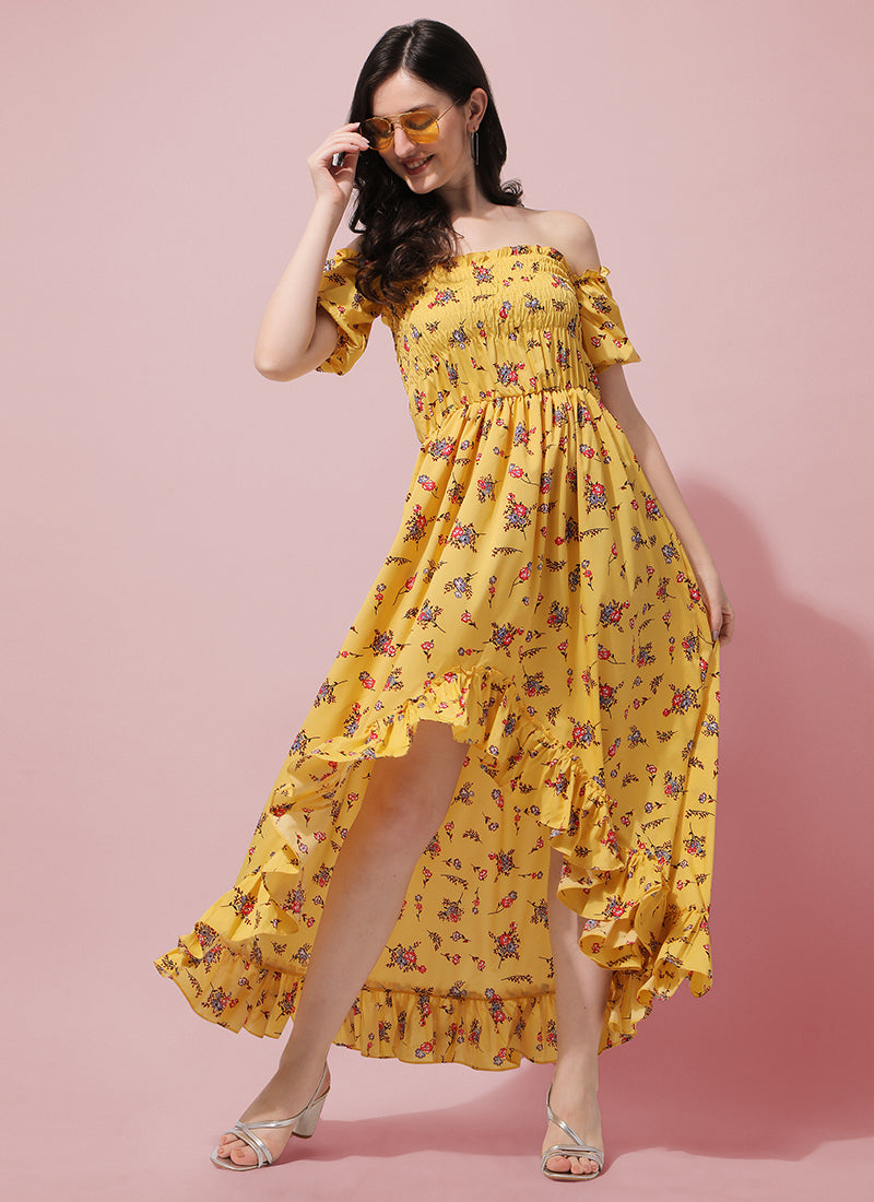 Yellow Floral Printed Crepe Maxi Dress