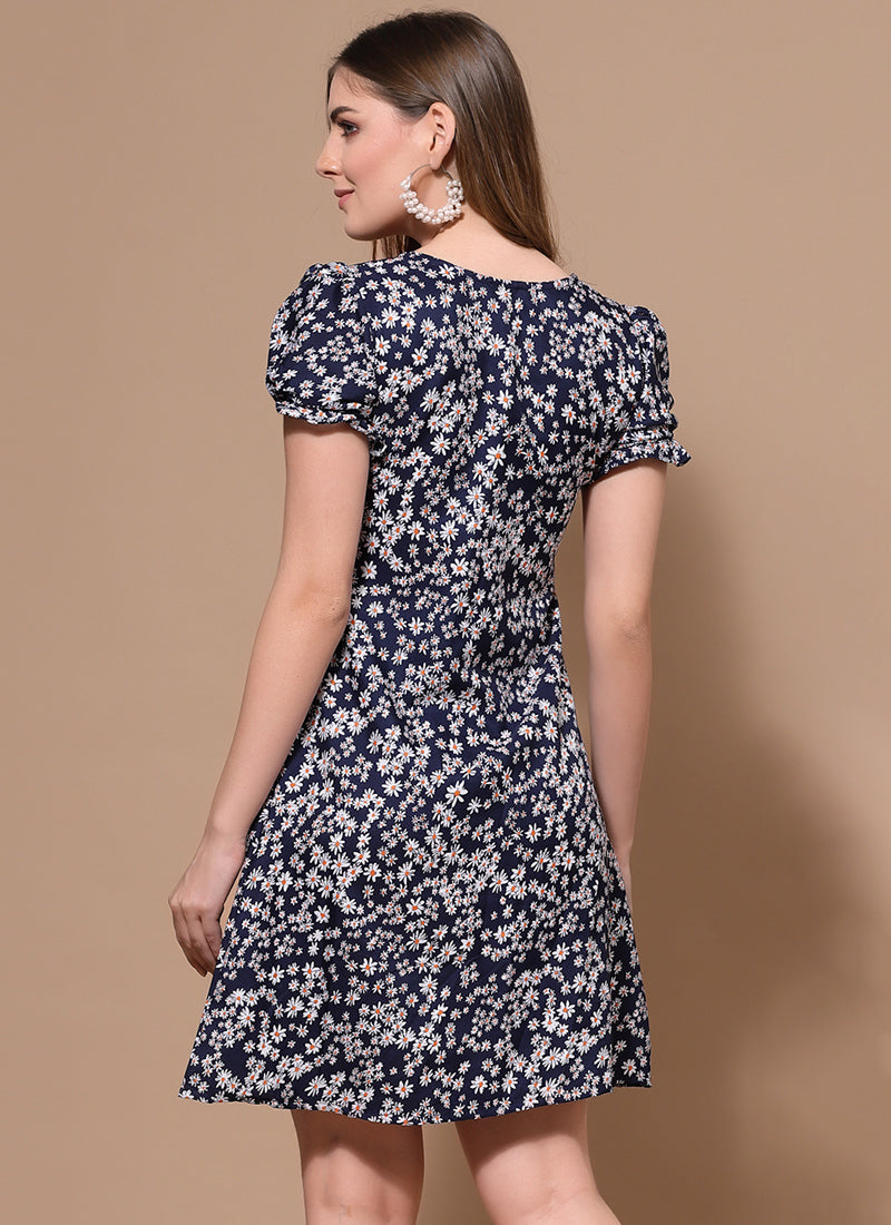 Navy Blue Flower Printed Outcast Mini Dress