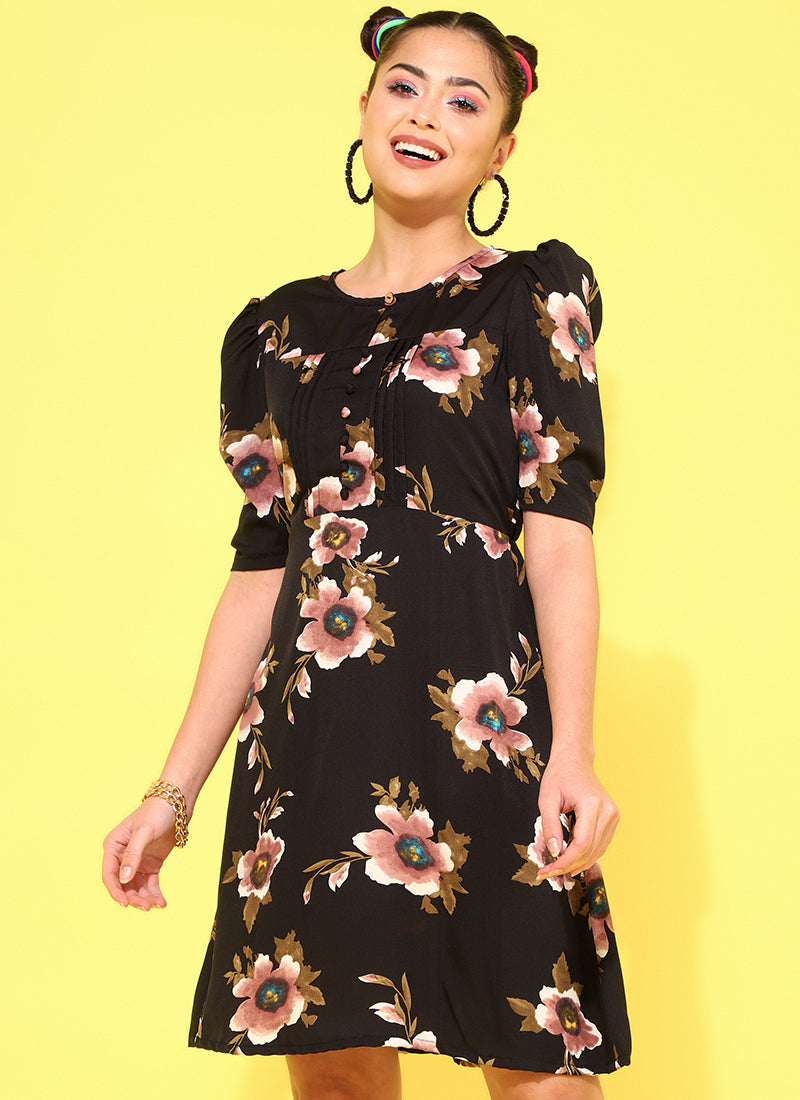 Black Puff Sleeve Crepe Mini Dress