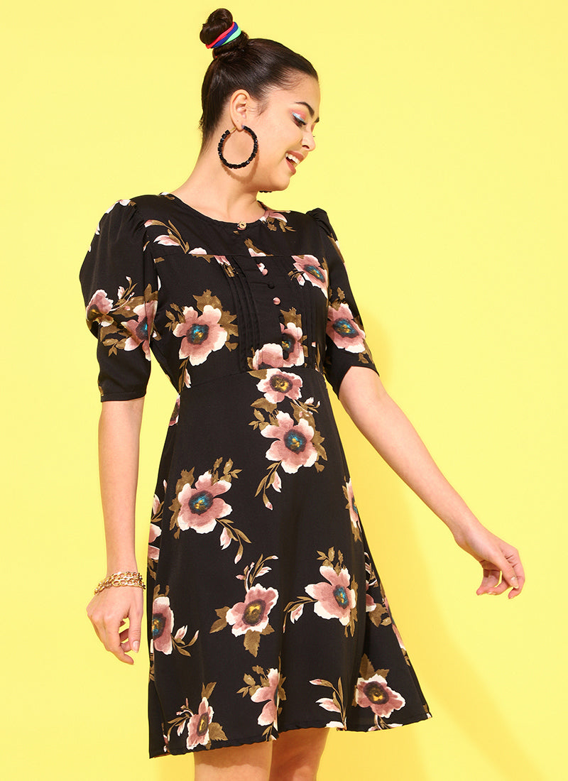 Black Puff Sleeve Crepe Mini Dress