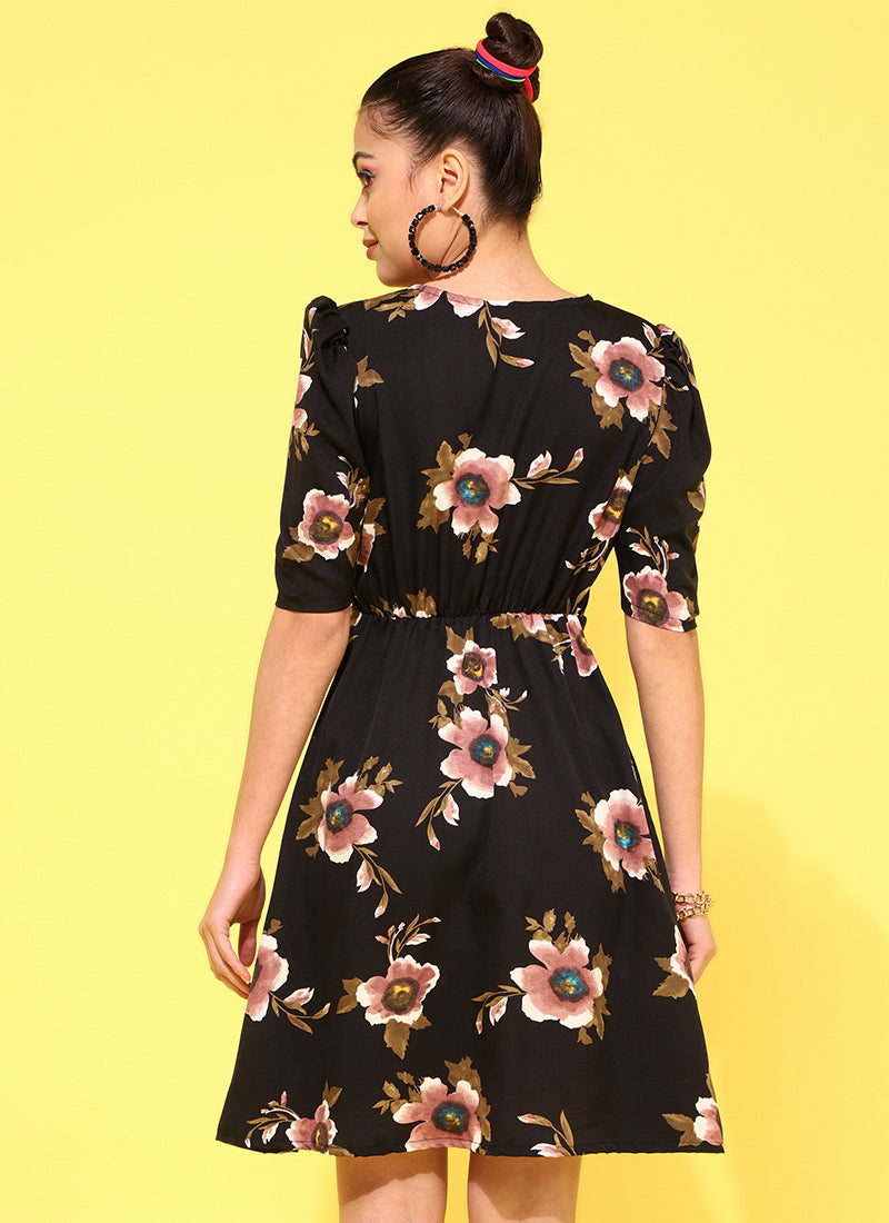 Black Puff Sleeve Crepe Mini Dress