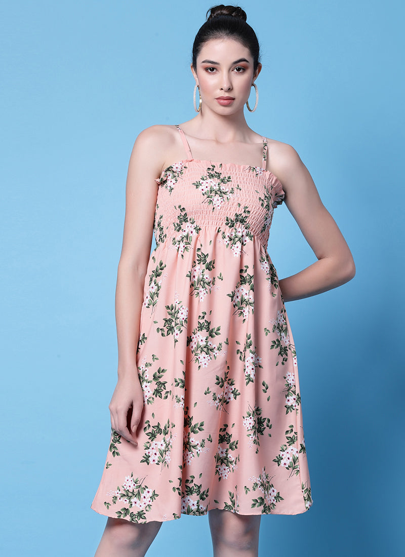 Pink Floral Printed Smocked Mini Dress