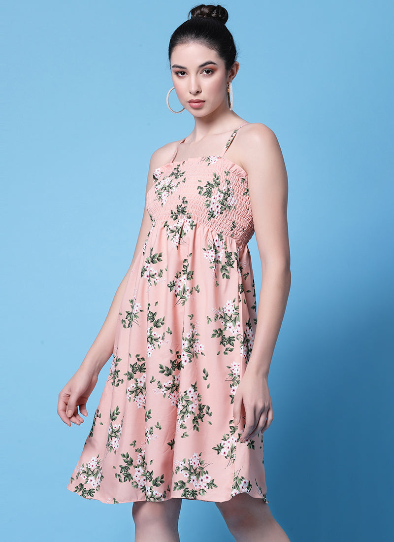 Pink Floral Printed Smocked Mini Dress