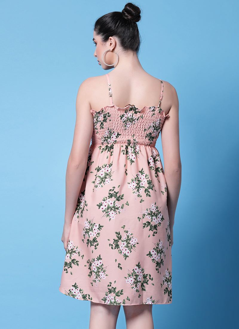 Pink Floral Printed Smocked Mini Dress