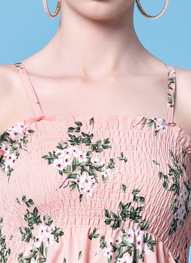 Pink Floral Printed Smocked Mini Dress