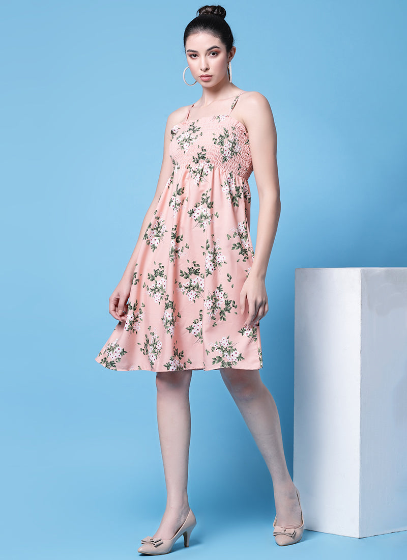 Pink Floral Printed Smocked Mini Dress