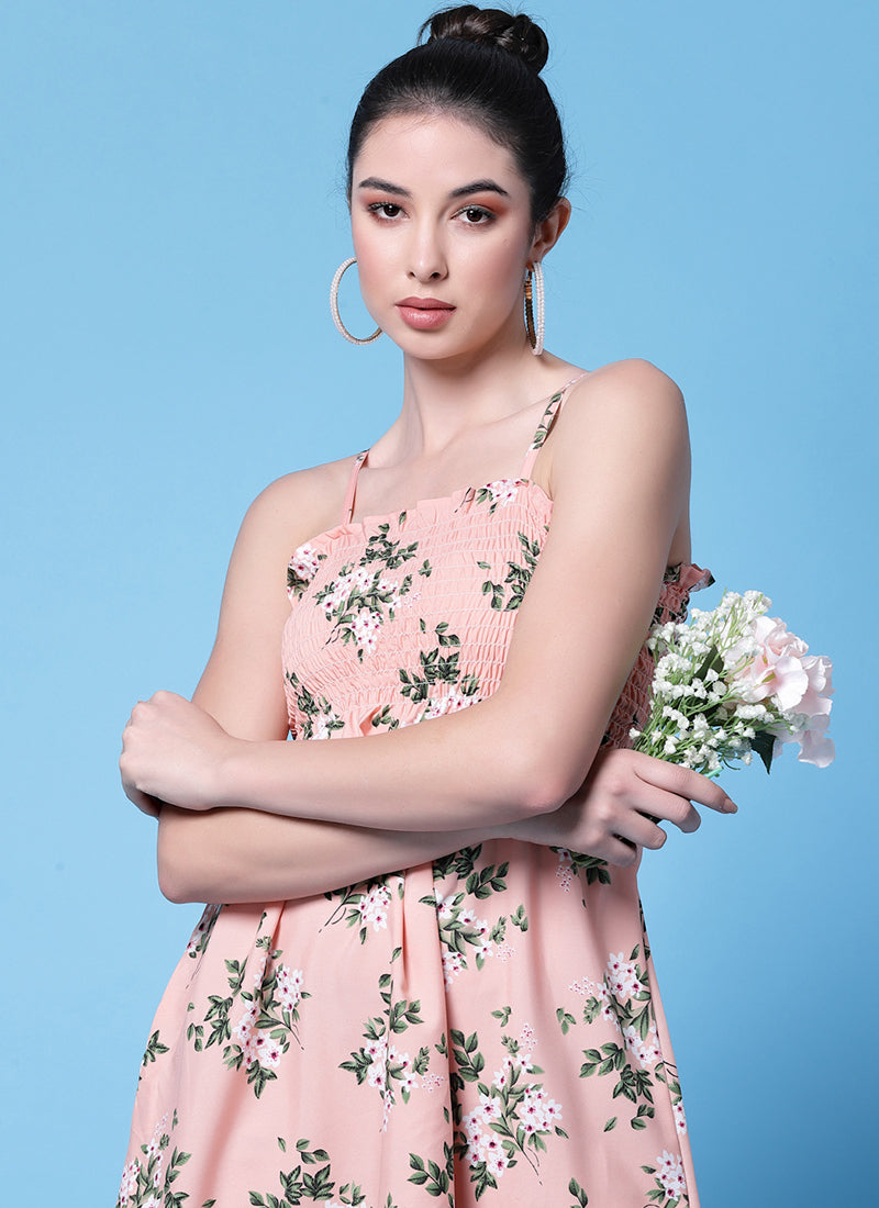 Pink Floral Printed Smocked Mini Dress