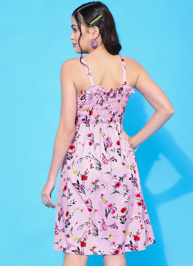 Lavender Floral Printed Smocked Mini Dress