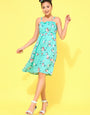 Turquoise Floral Printed Smocked Mini Dress