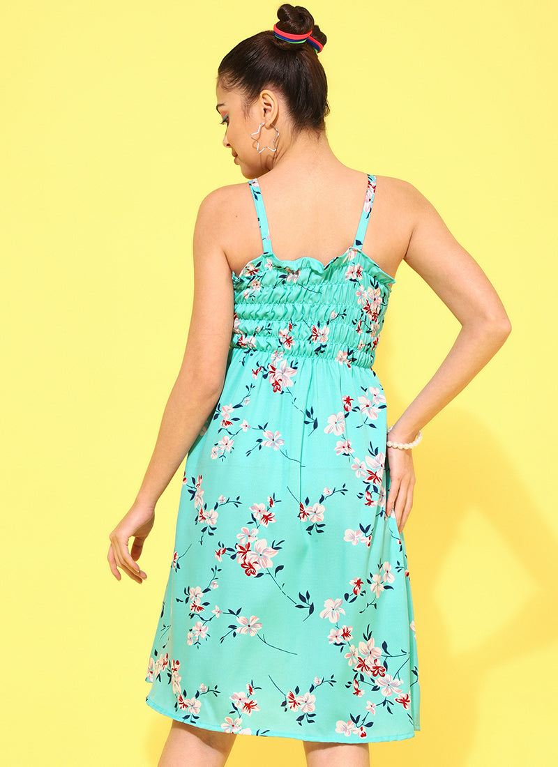 Turquoise Floral Printed Smocked Mini Dress