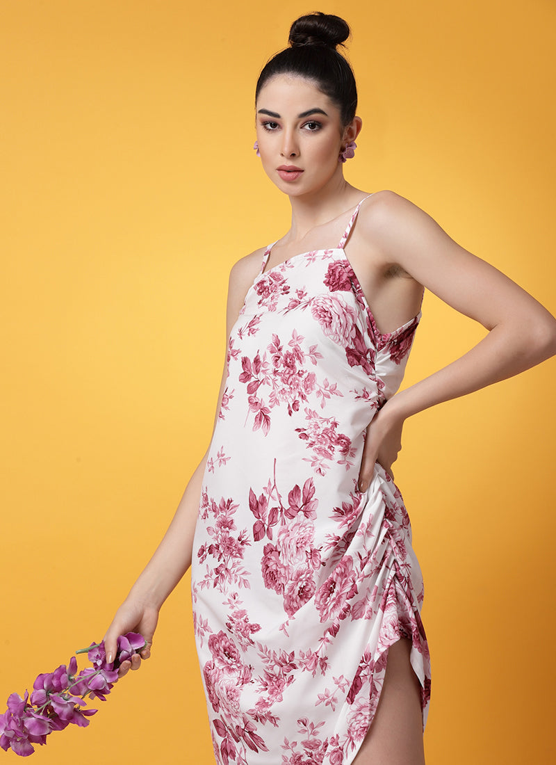 White And Maroon Floral Printed Crepe Mini Dress