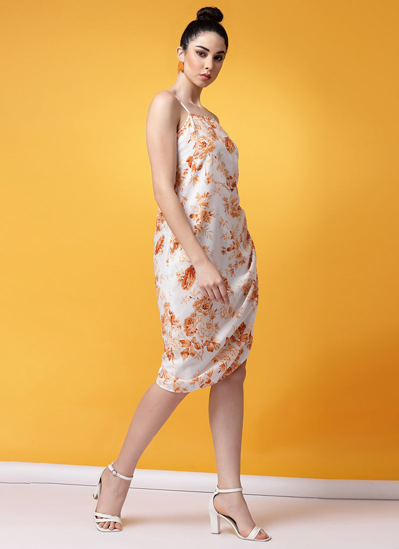 White And Orange Floral Printed Crepe Mini Dress