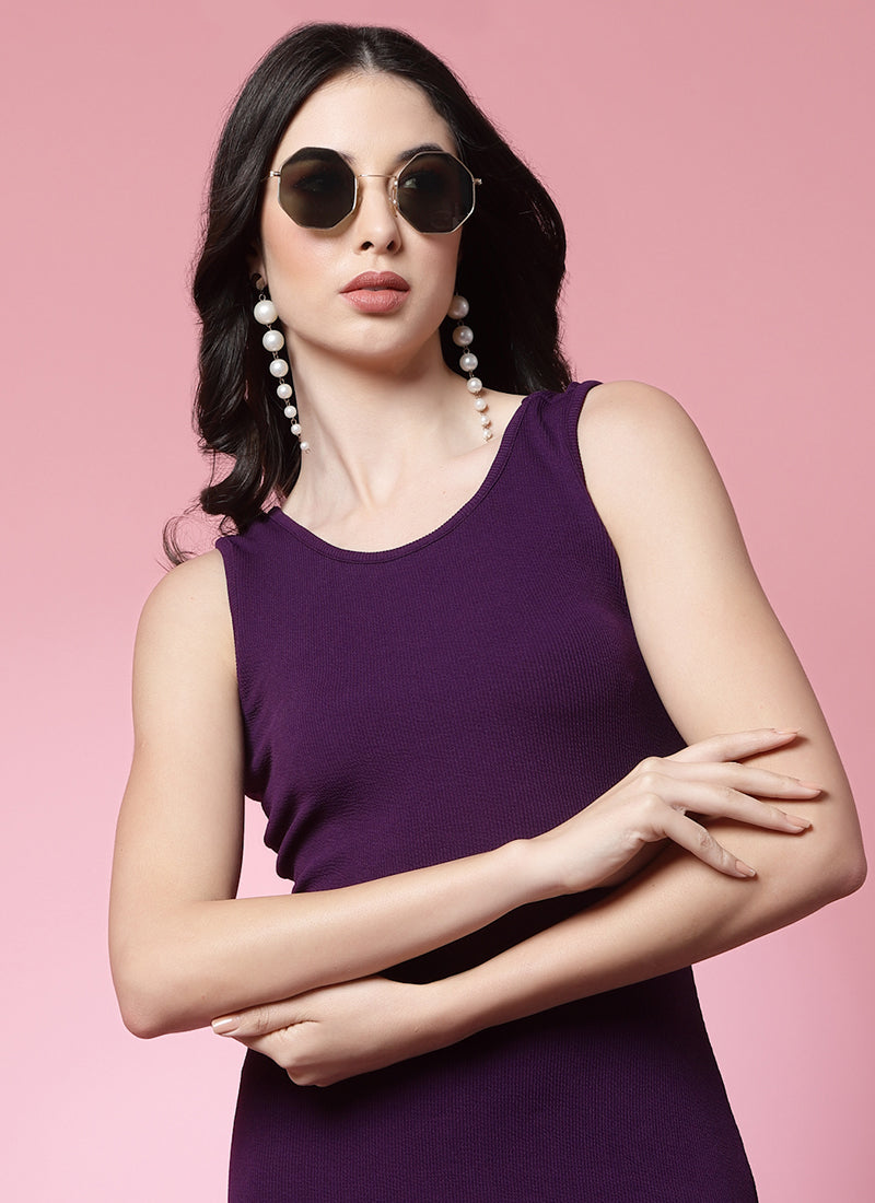 Purple Round Neck Lycra Bodycon Dress